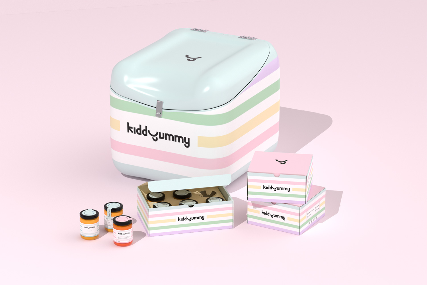 Kiddyummy packaging design including scooter box, jar, cartoon box with three different sizes