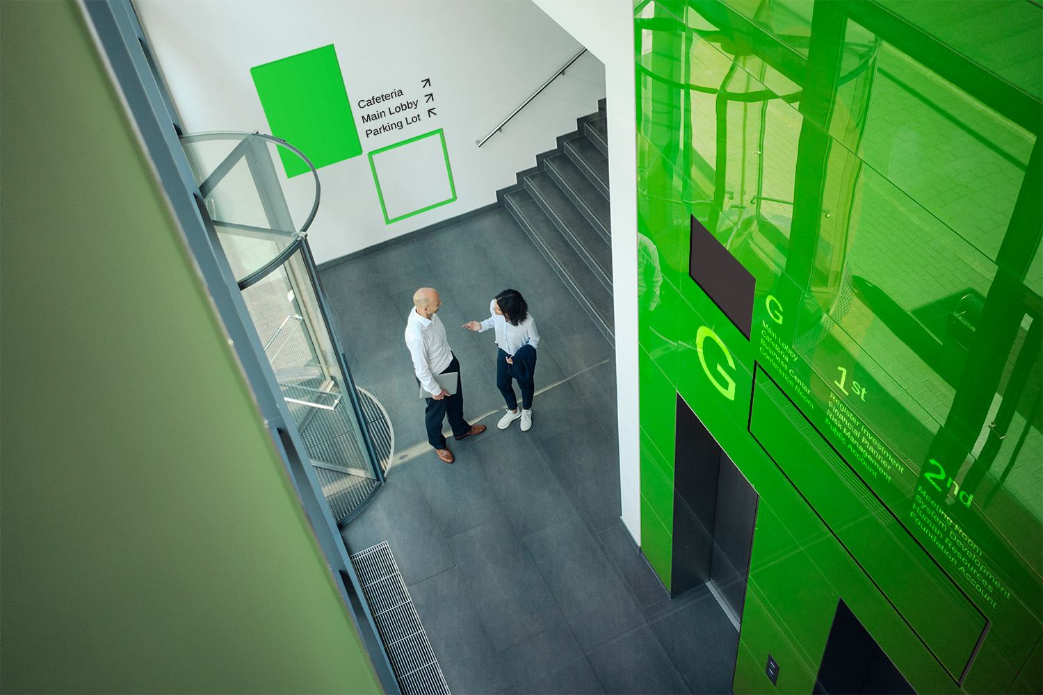 DSC Stair intersection with two people talking mockup