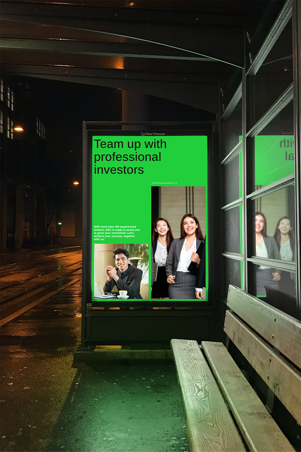 DSC Poster at bus stop at night mock-up