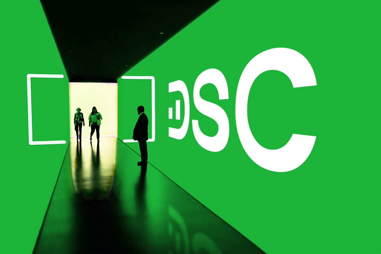 DSC Logo on wall with 3 people at the gate mock-up